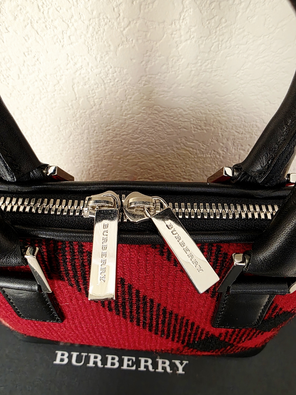Burberry Red Black Tartan Wool & Genuine Leather Mini Handbag - Picture 7 of 16
